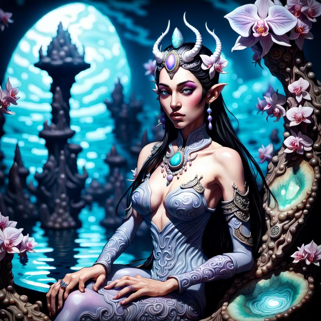 Asian Elf Princess on Gaudi Throne in Liquid World