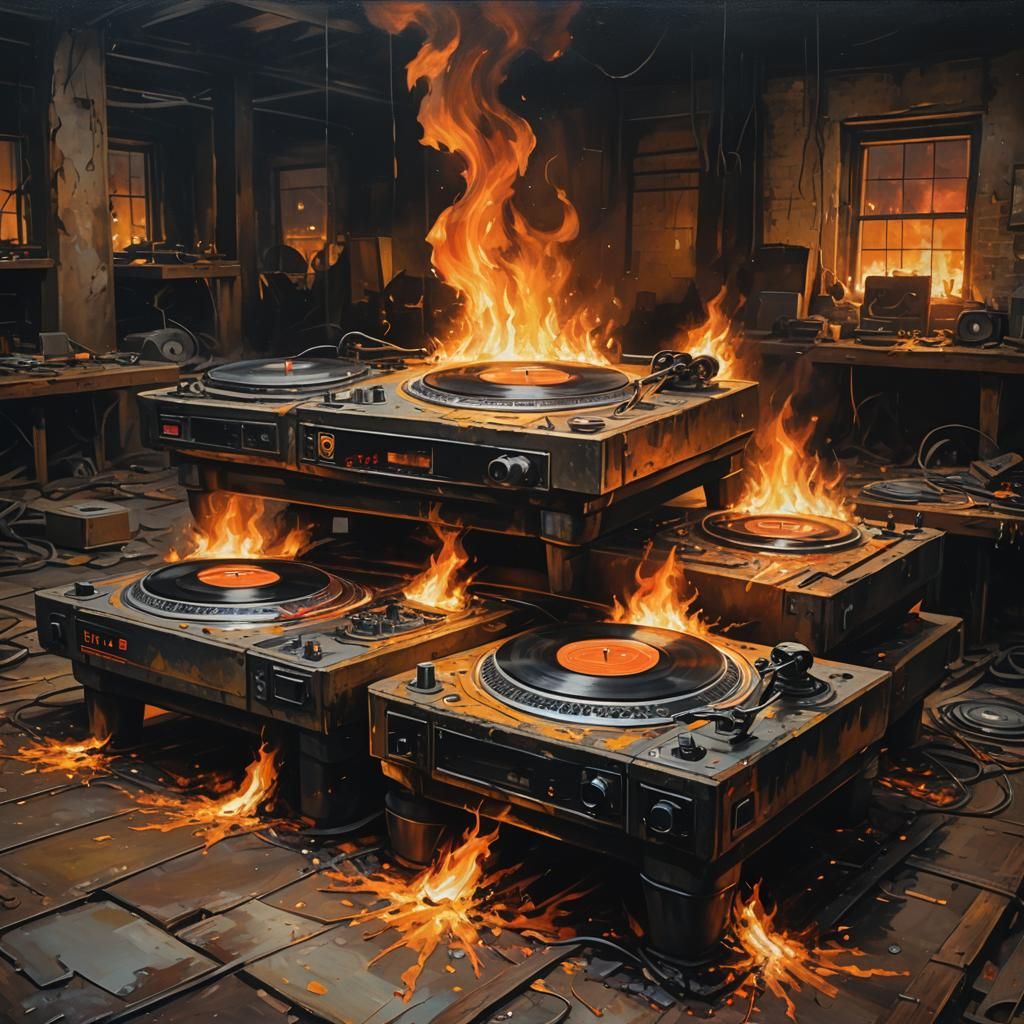 Flaming Turntables in Warehouse: Oil Painting