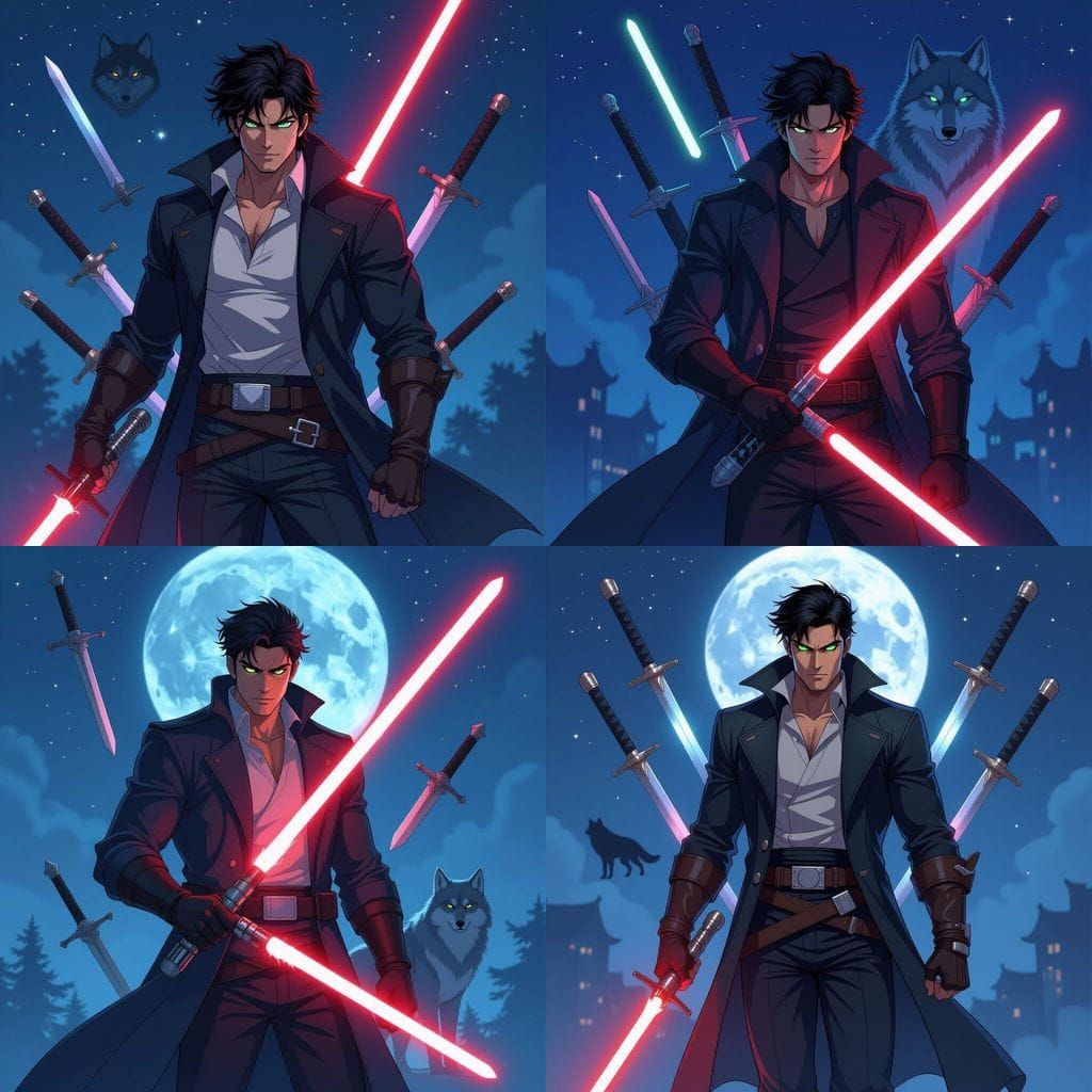 Muscular Wolf Man with Floating Swords in Anime Style