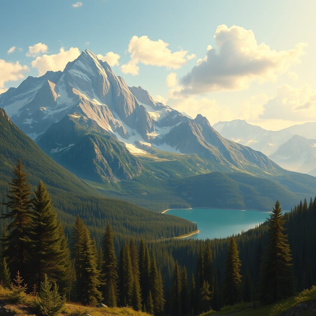Majestic Mountain Range with Tranquil Lake and Lush Forests
