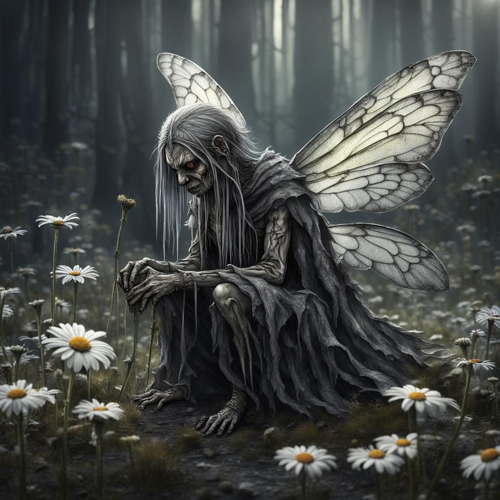 Weeping fairy with only one wing (ragged and torn) clinging ...