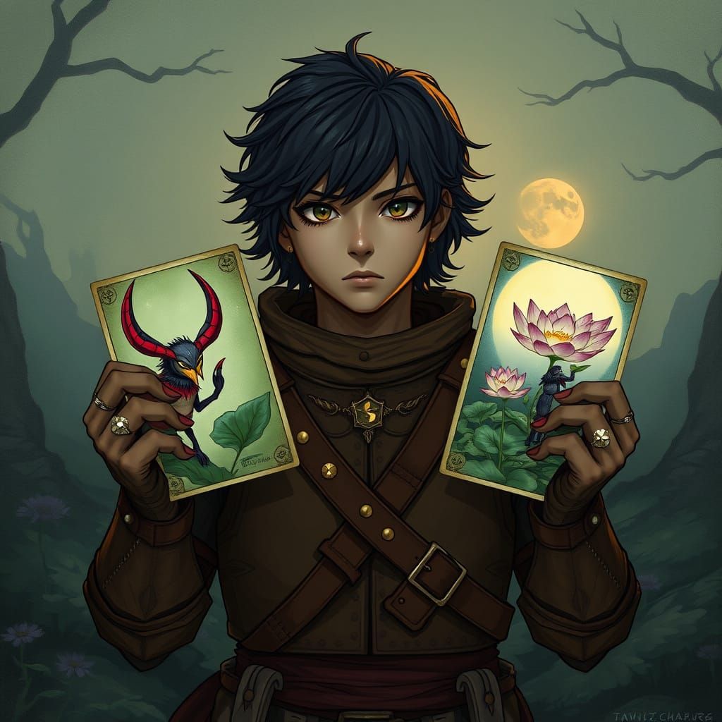 Aiden Holding Cards in Dreamlike Landscape