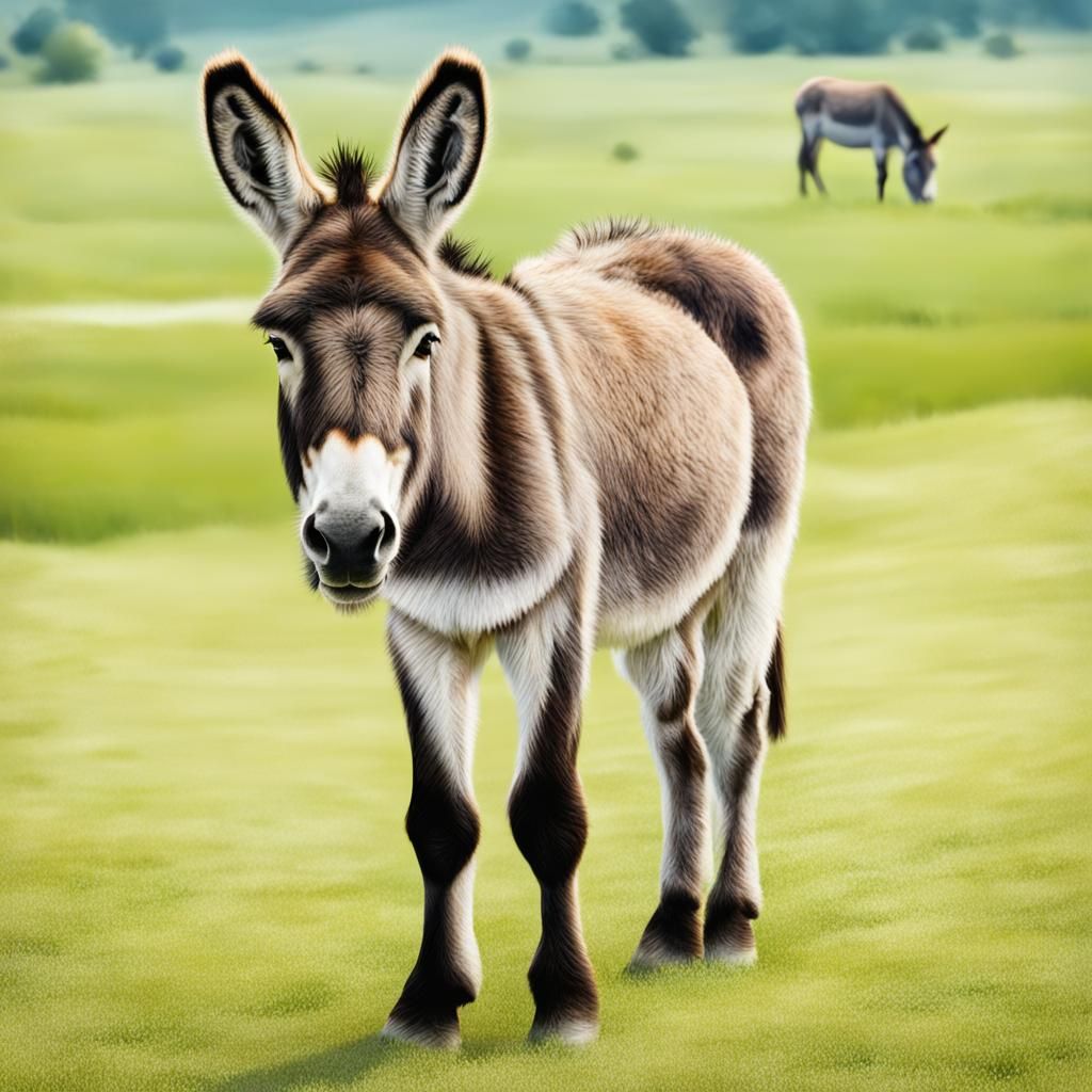 Detailed Cute Donkey in Green Pasture