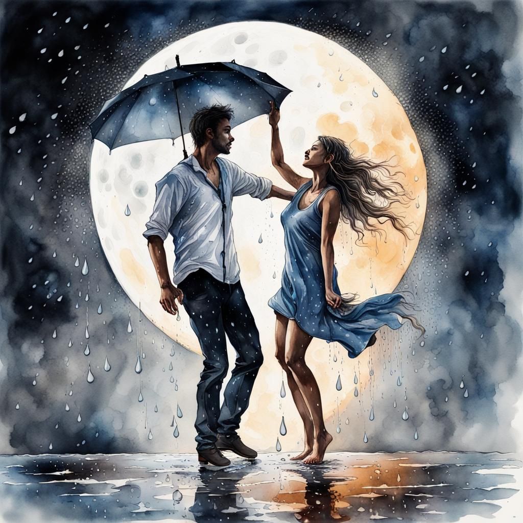 Romantic Moonlit Dance in Hyperrealistic Watercolor