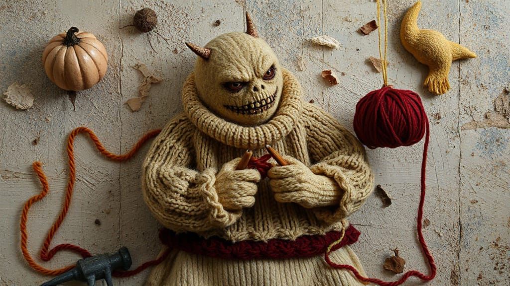 Yarn Monster Knitting a Sweater in Pop Surrealism