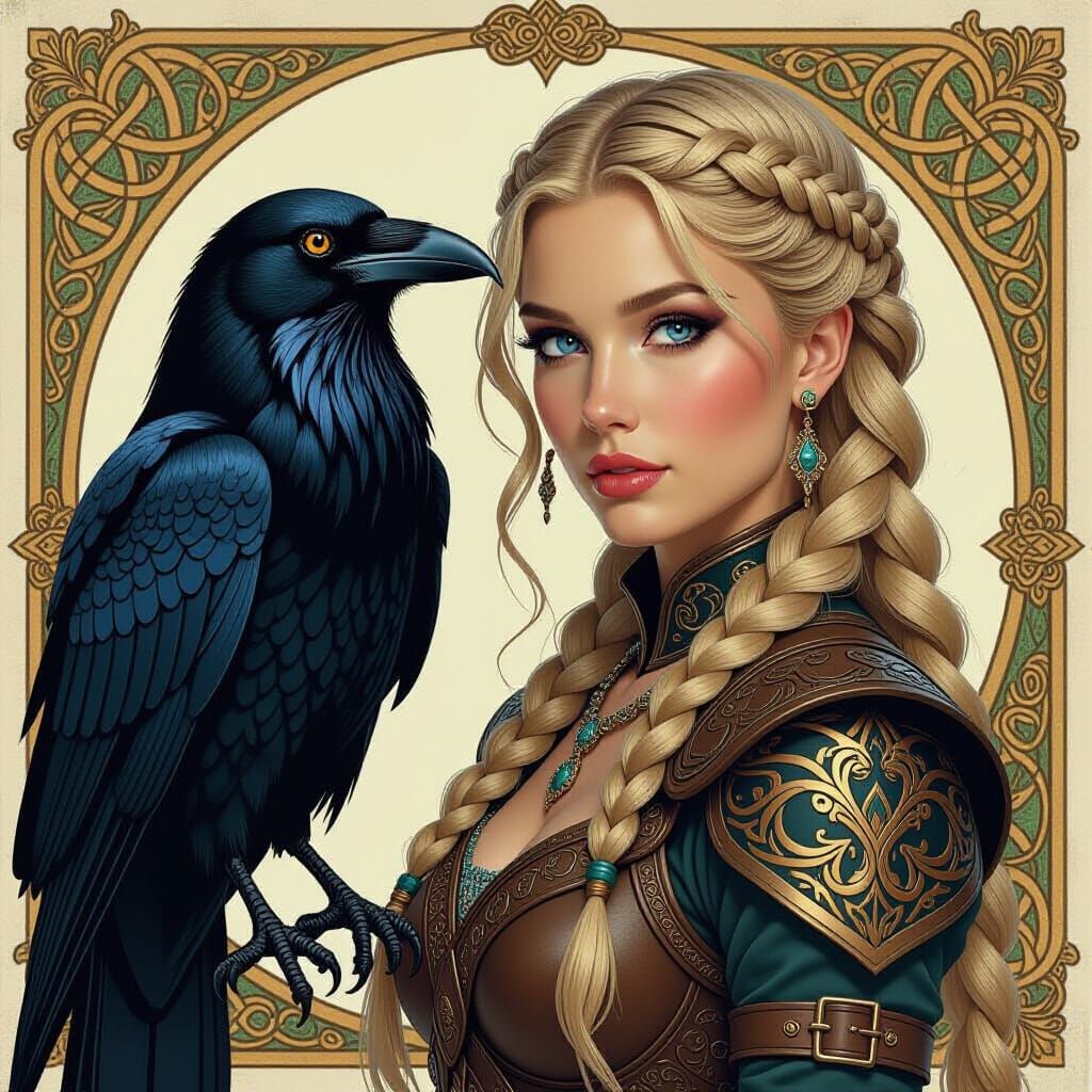 Viking Valkyrie and Raven in Art Nouveau Style