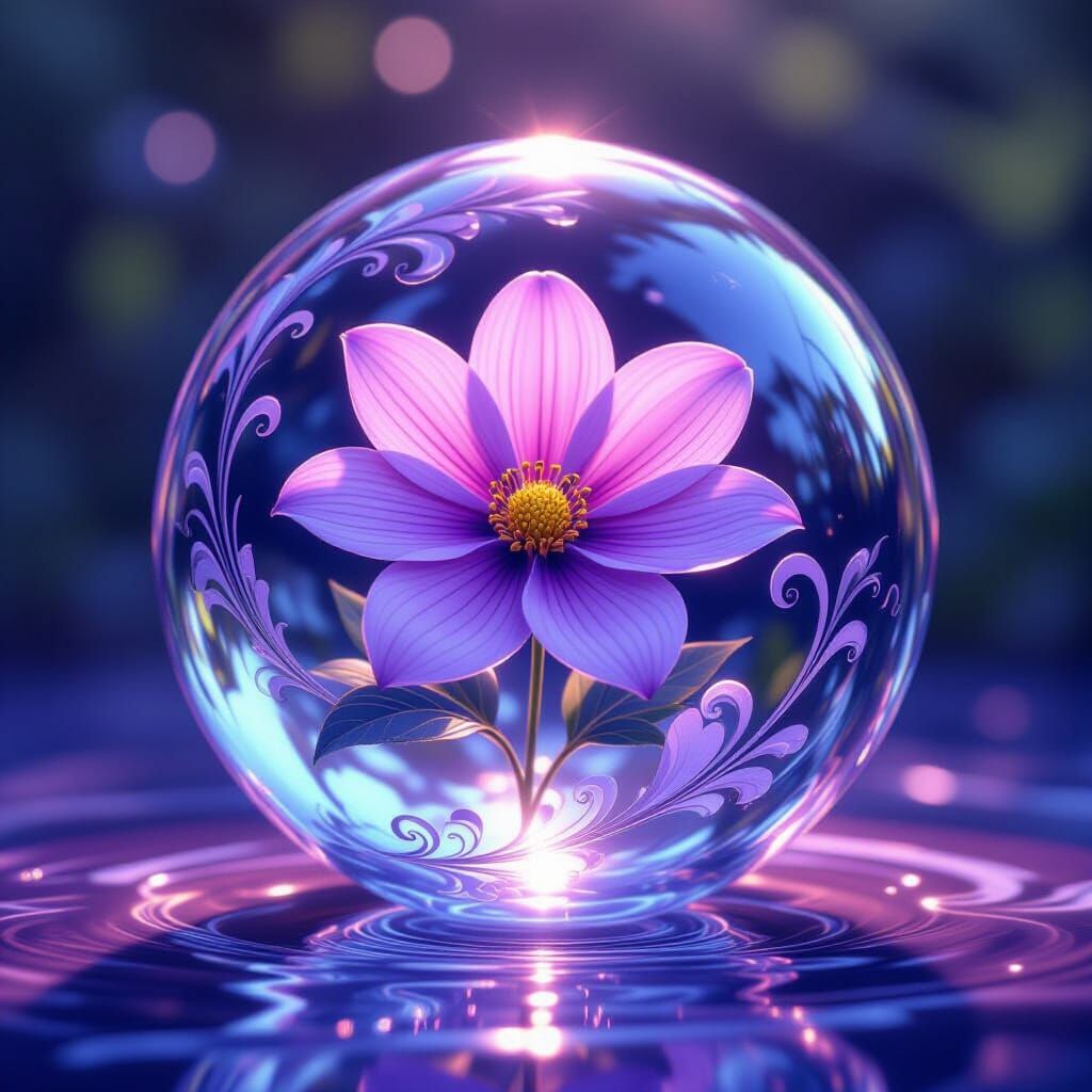 Purple Flower in Crystal Ball, Art Nouveau Style