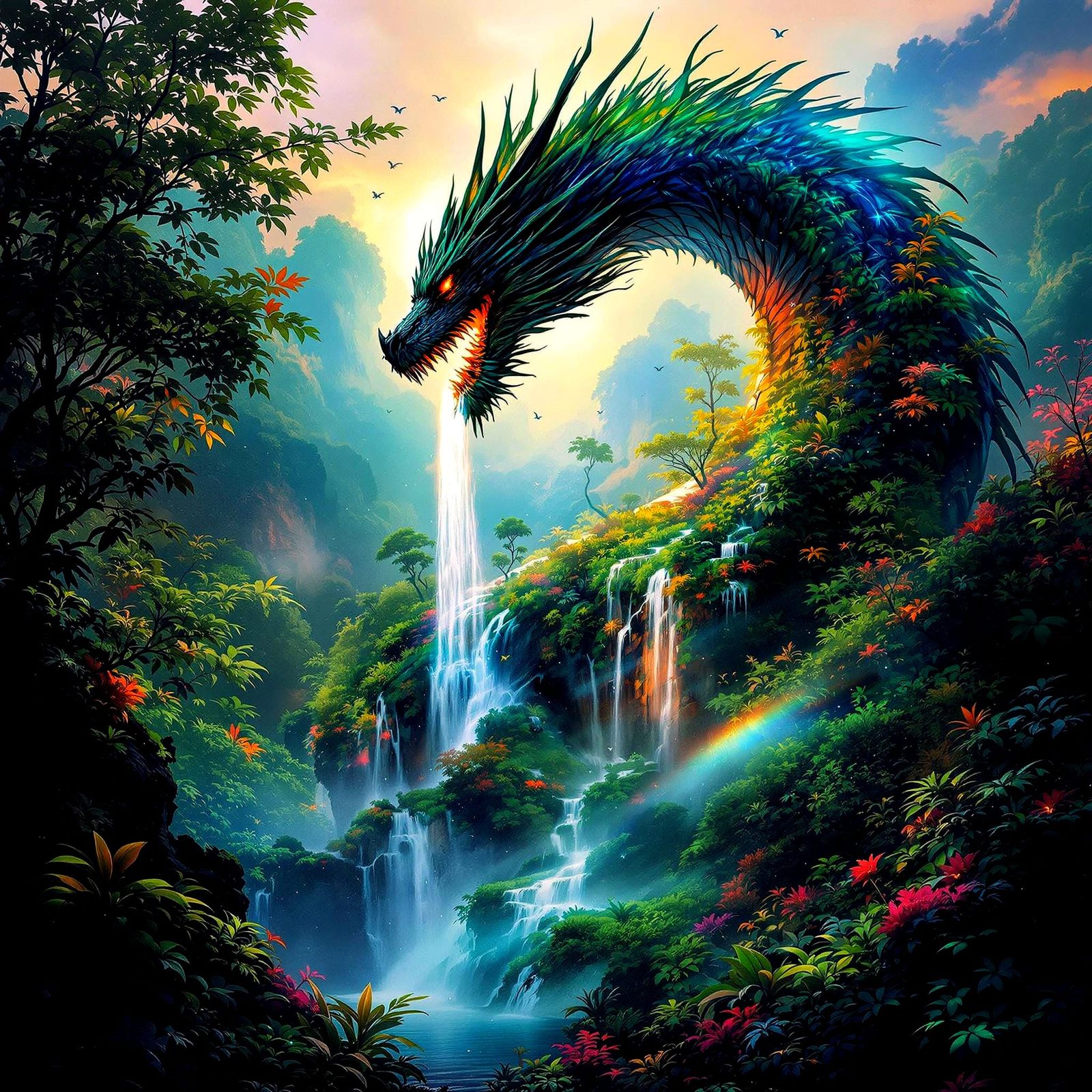Holographic Dragon Silhouette with Jungle Waterfall
