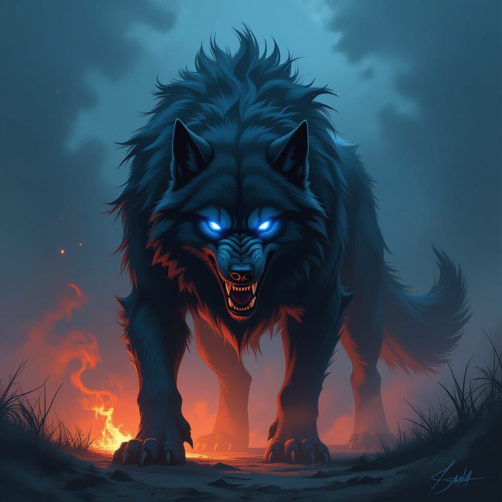 Massive Hellhound with Glowing Blue Eyes in Dramatic Light
