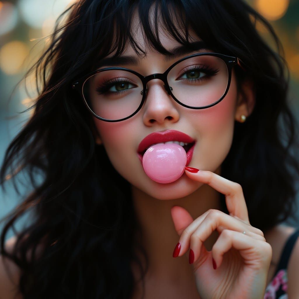 Stunning Young Woman Plays with Chewing Gum in a Fantastical...