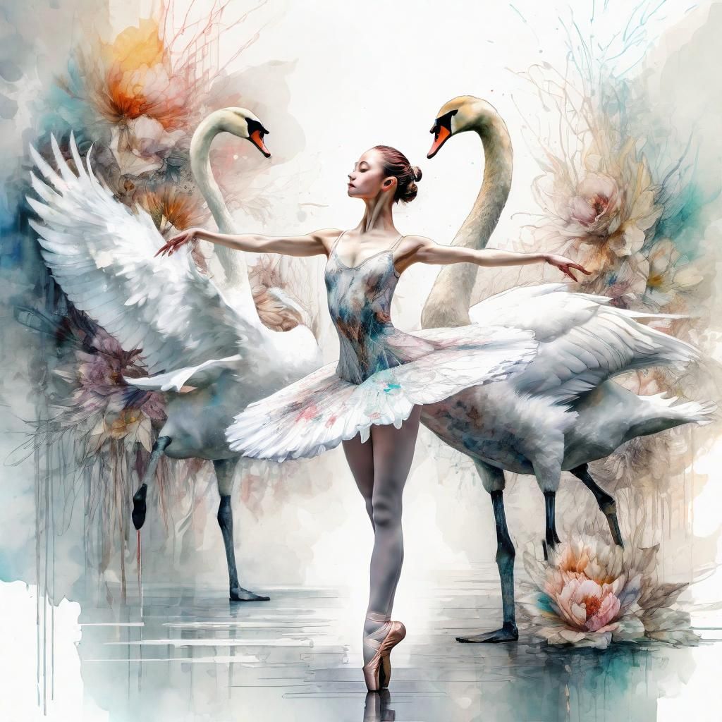Ballet Dancer and Swan in Digital Watercolor