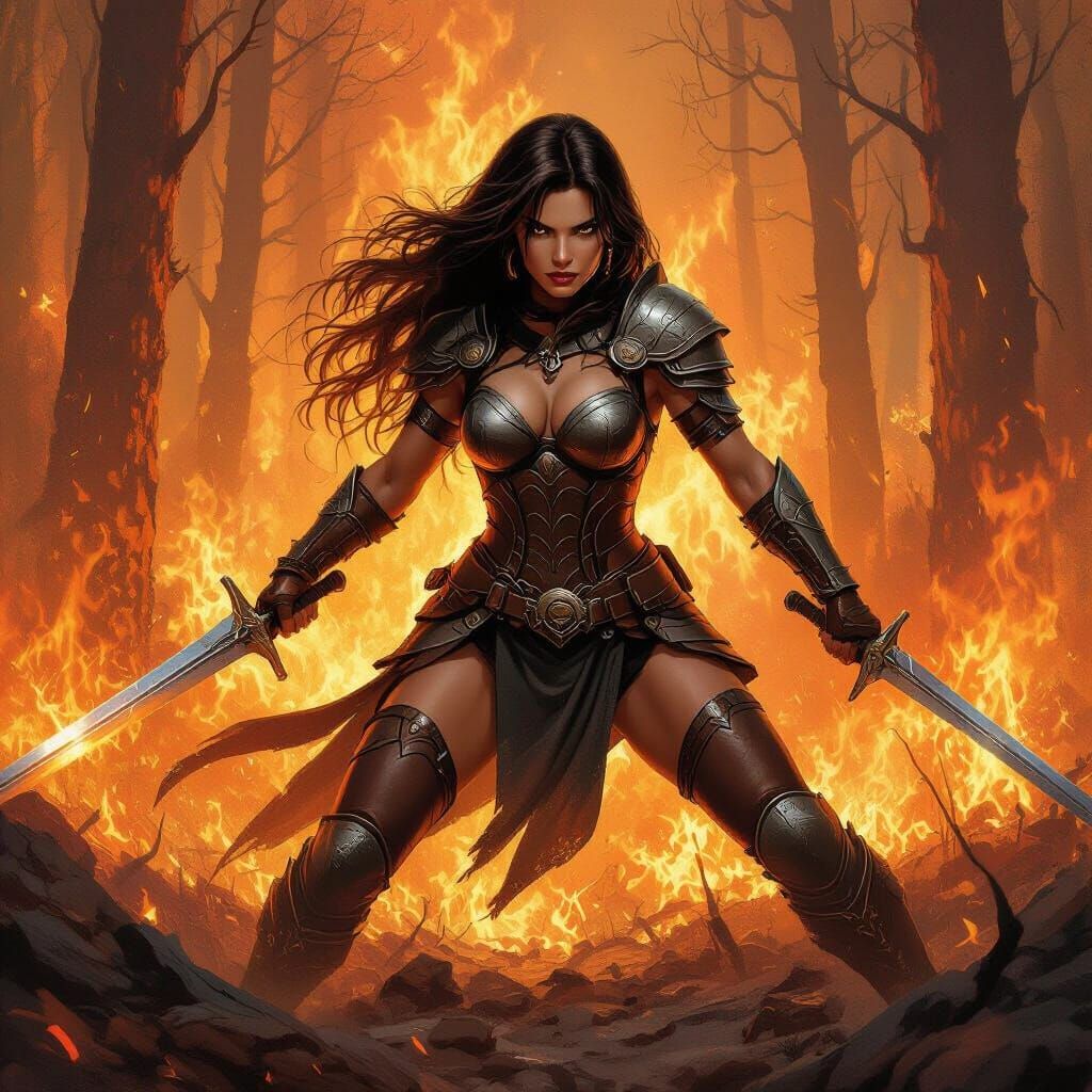 Fiery Forest Battle: Female Warrior Art