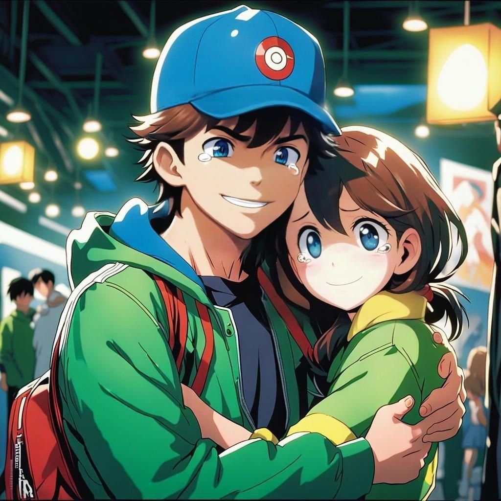 Anime Pokémon Trainer Hugged by Happy Sister