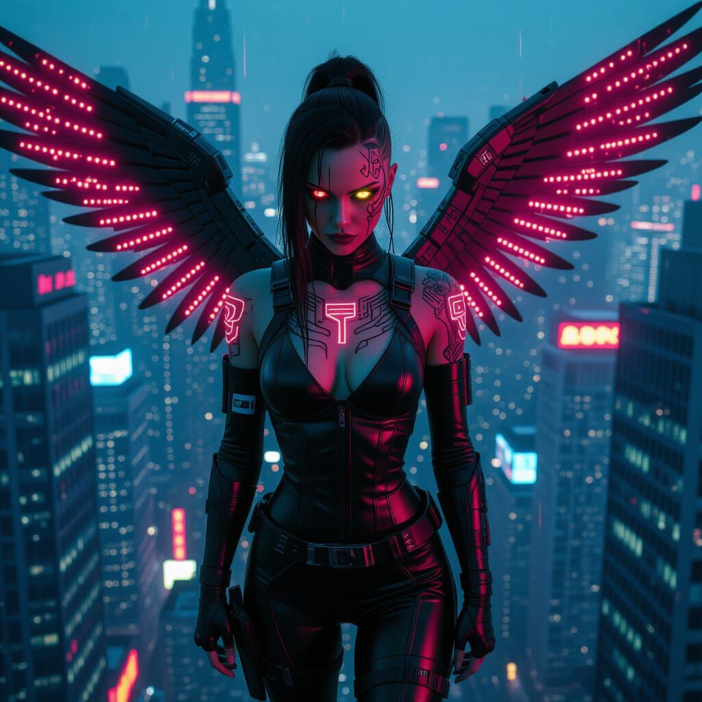 Cyberpunk Valkyrie in Neon Metropolis, Cinematic Style