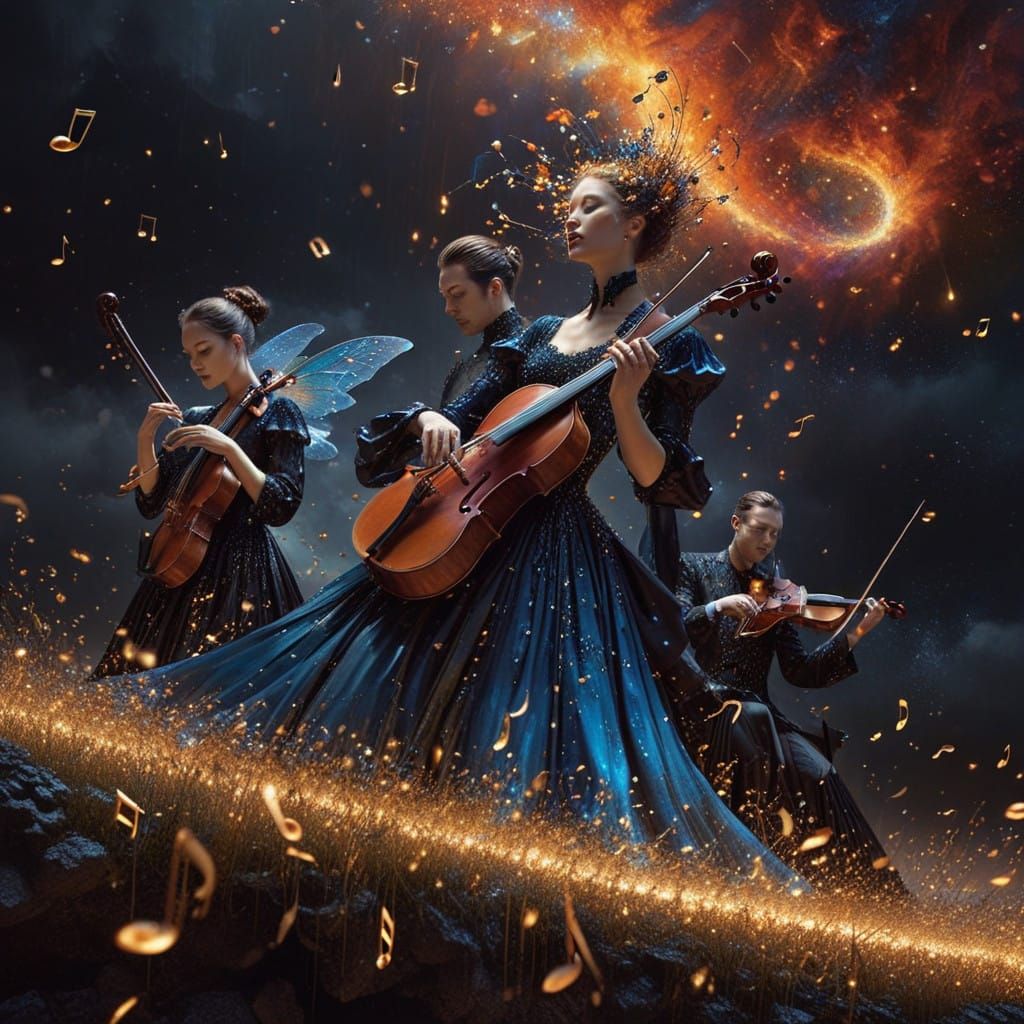 Symphony Musicians in Surreal, Glittering Fashion Scene