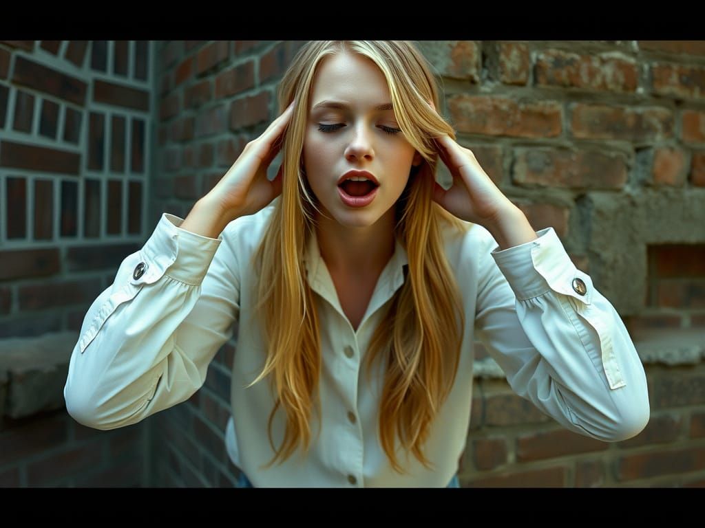 Blond Woman Covers Ears in Cinematic Film Still