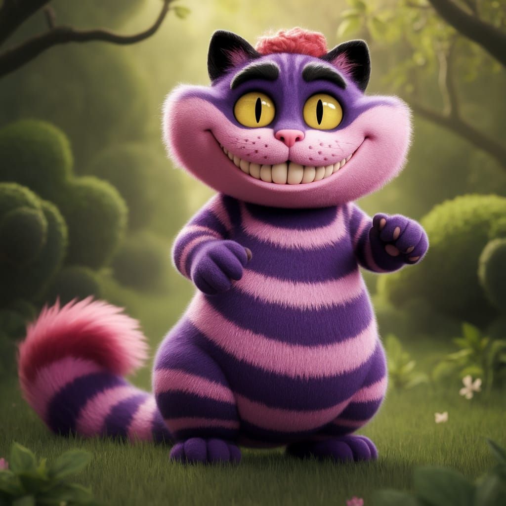 Whimsical Cheshire Cat in Warmly Lit Forest Glade