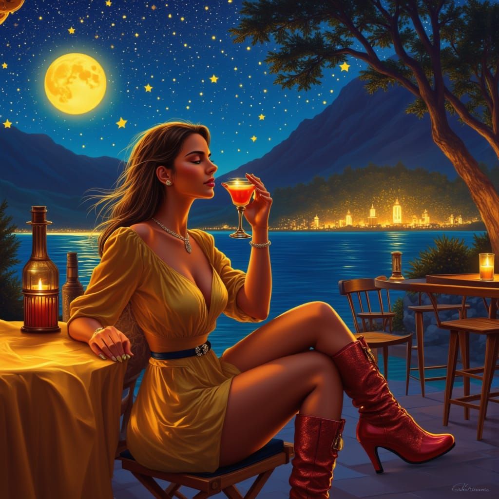 Woman at Terrace Bar with Ambient Glow