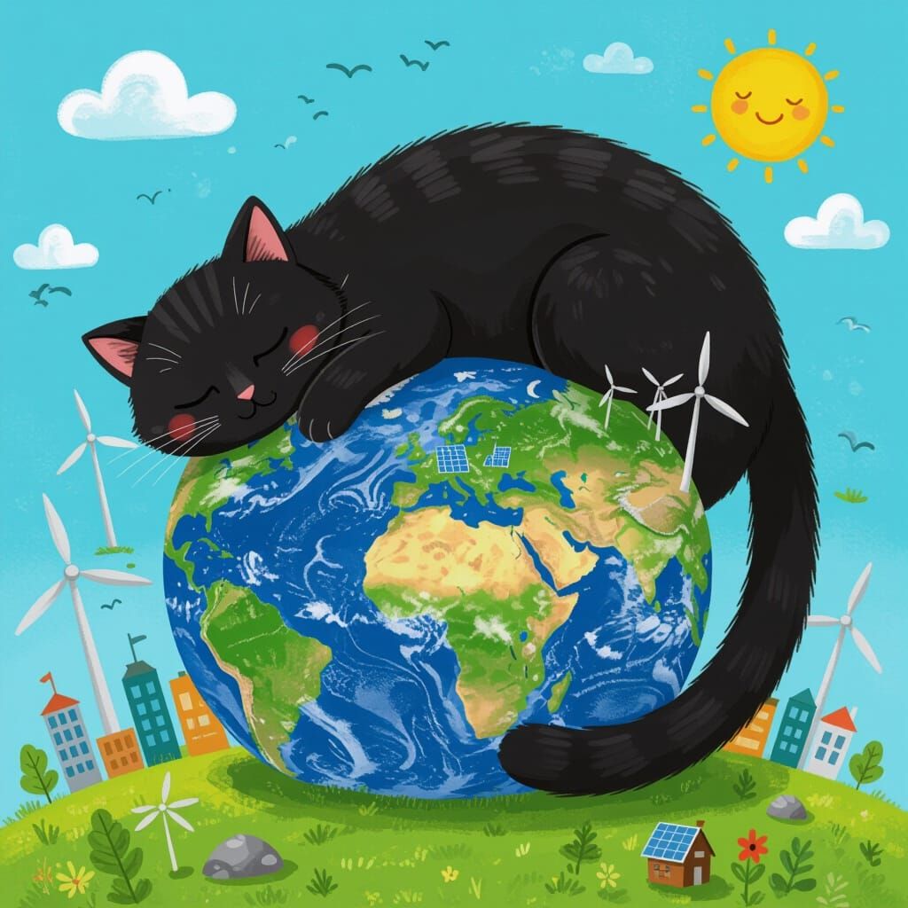 Giant Cat Protects Earth: Whimsical Digital Painting
