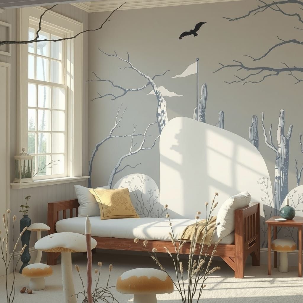 Whimsical Birch Tree Cabin in a Blue and White Linocut Scene