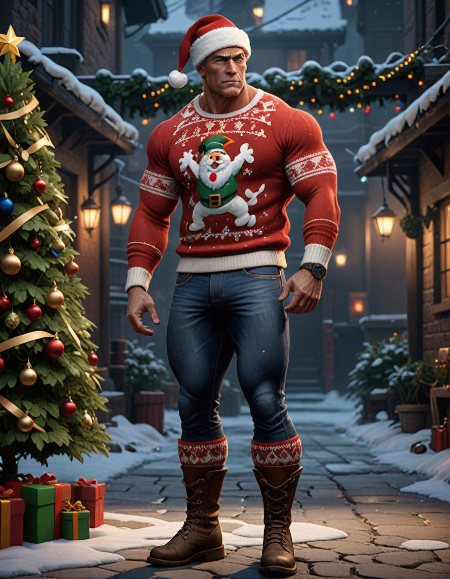 Sculpted Bodybuilder Wears Festive Holiday Sweater in Fantas...