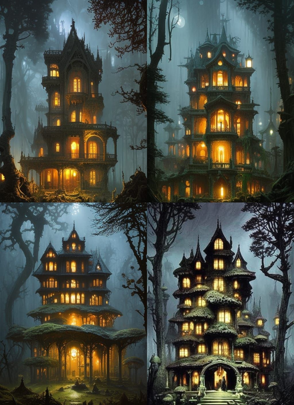 Mushroom Mansion in Dark Forest: Gritty Watercolor Art