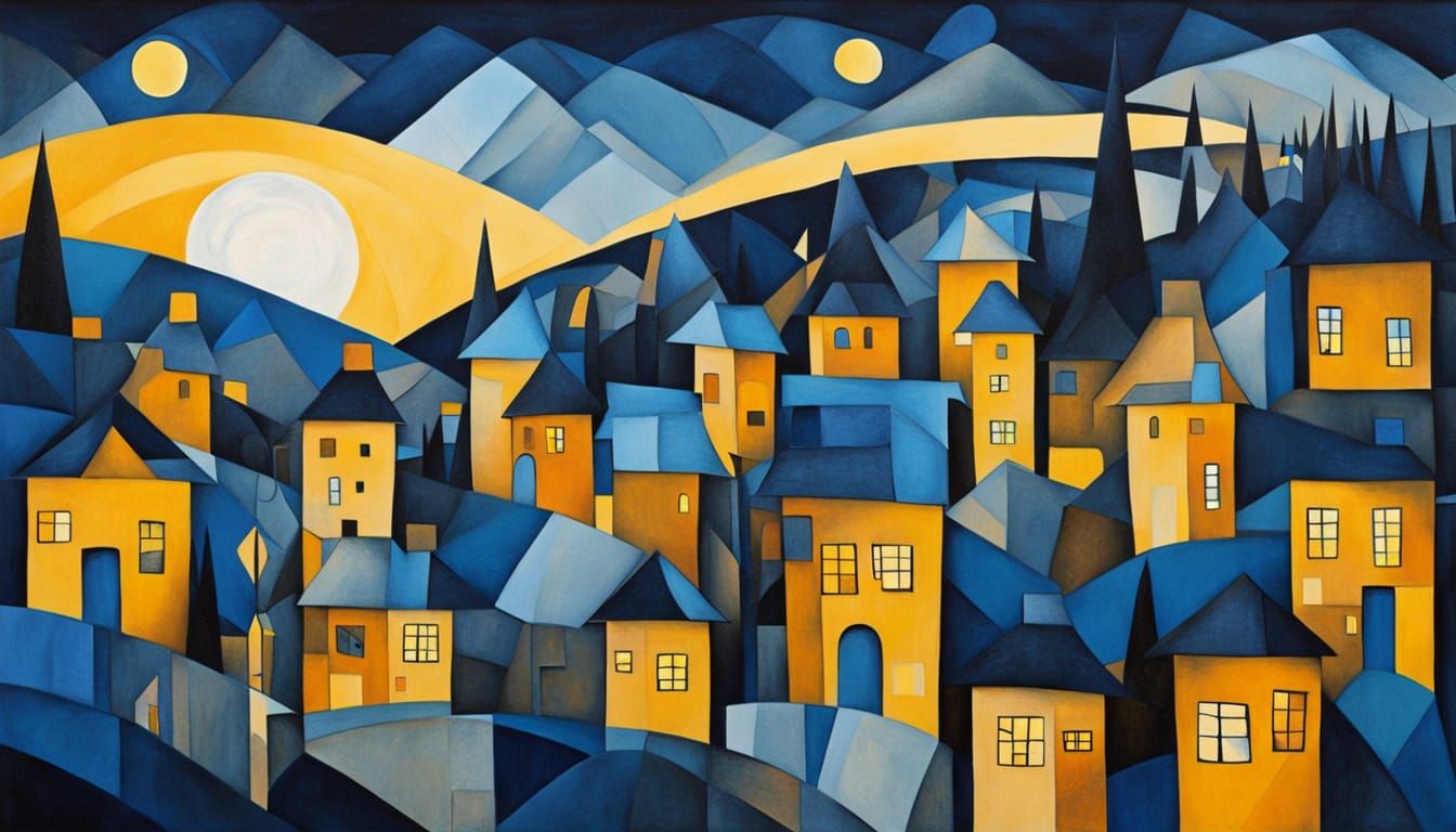 Moonlit Village in Abstract Cubist Dreamscape
