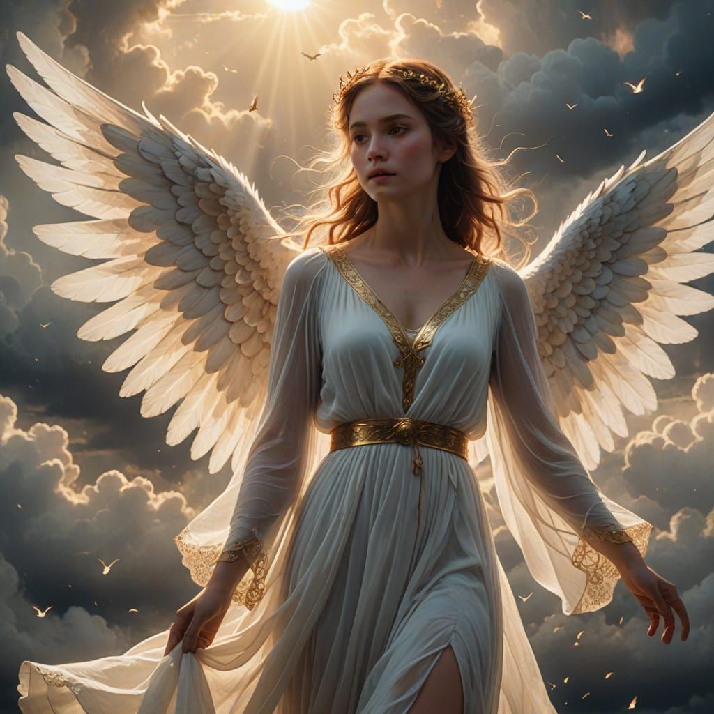 Ethereal Angelic Woman in Flowing White Dress