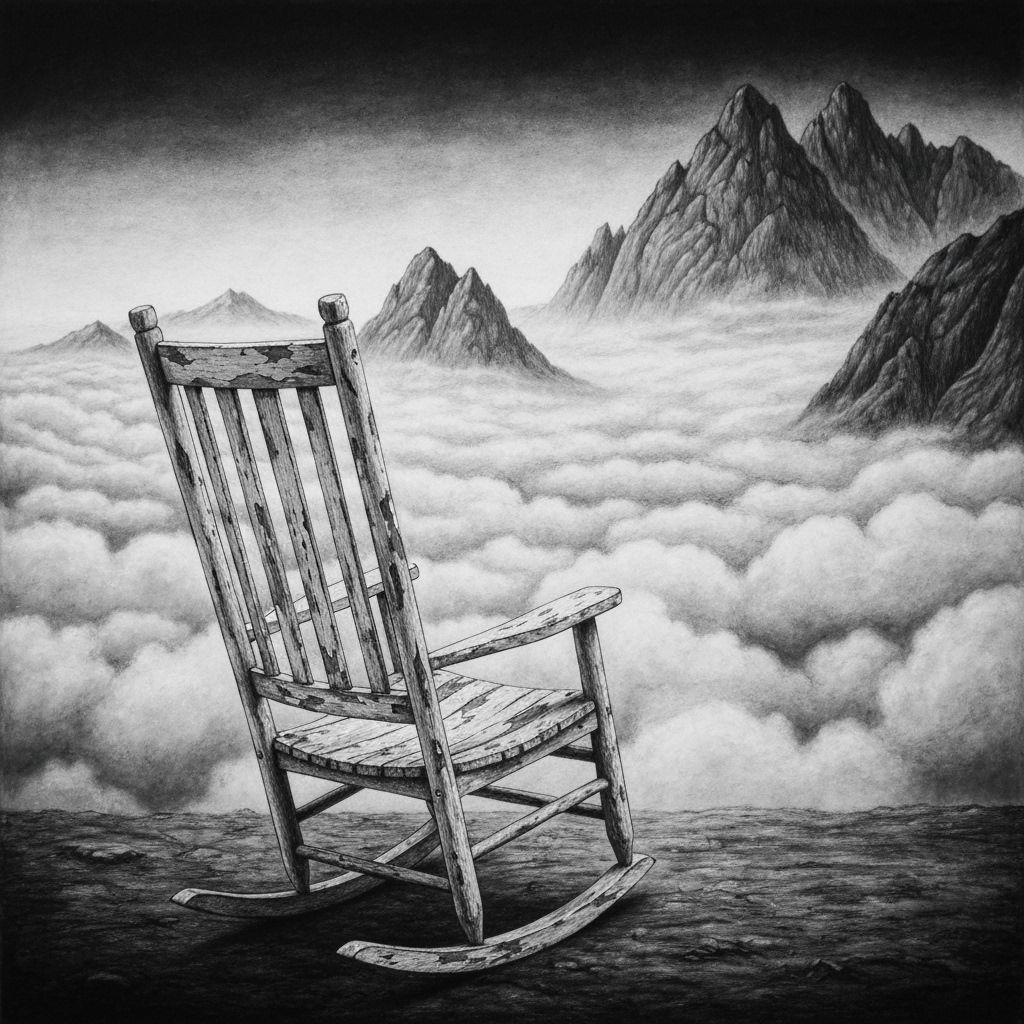 Engraving of a Rocking Chair Overlooking Surreal Landscape