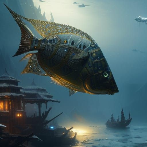 Steampunk Fish in Abandoned Water, Fantasy Art