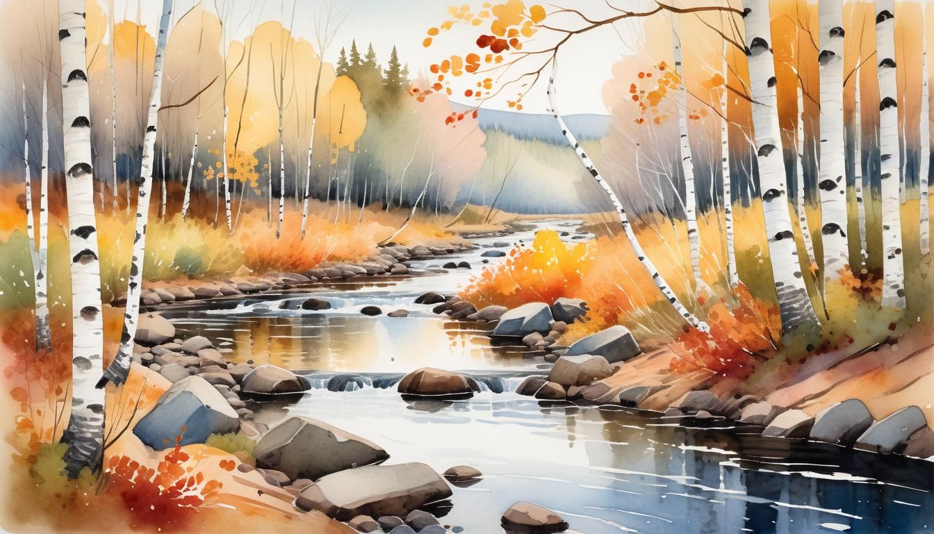 Autumn Birch Forest in Watercolor Style