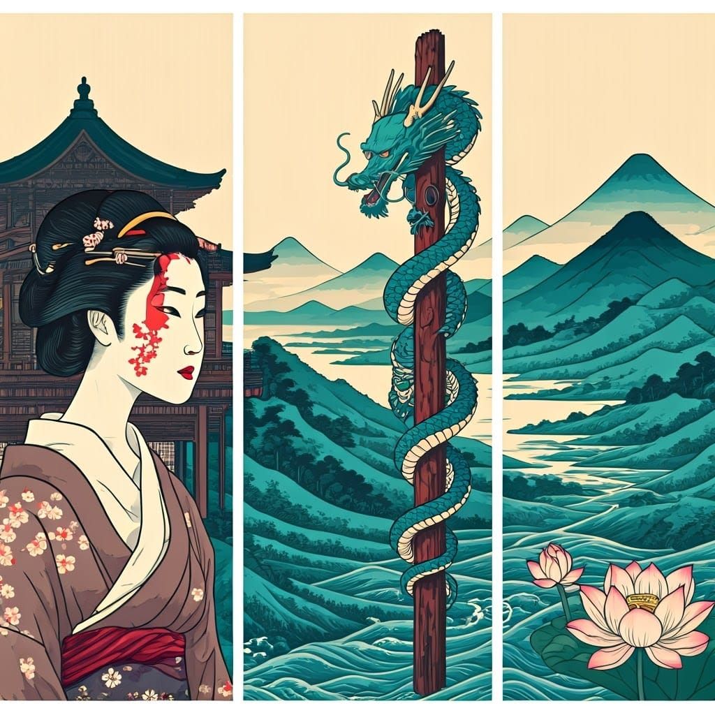 Geisha, Dragon, and Lotus: Ukiyo-e Triptych