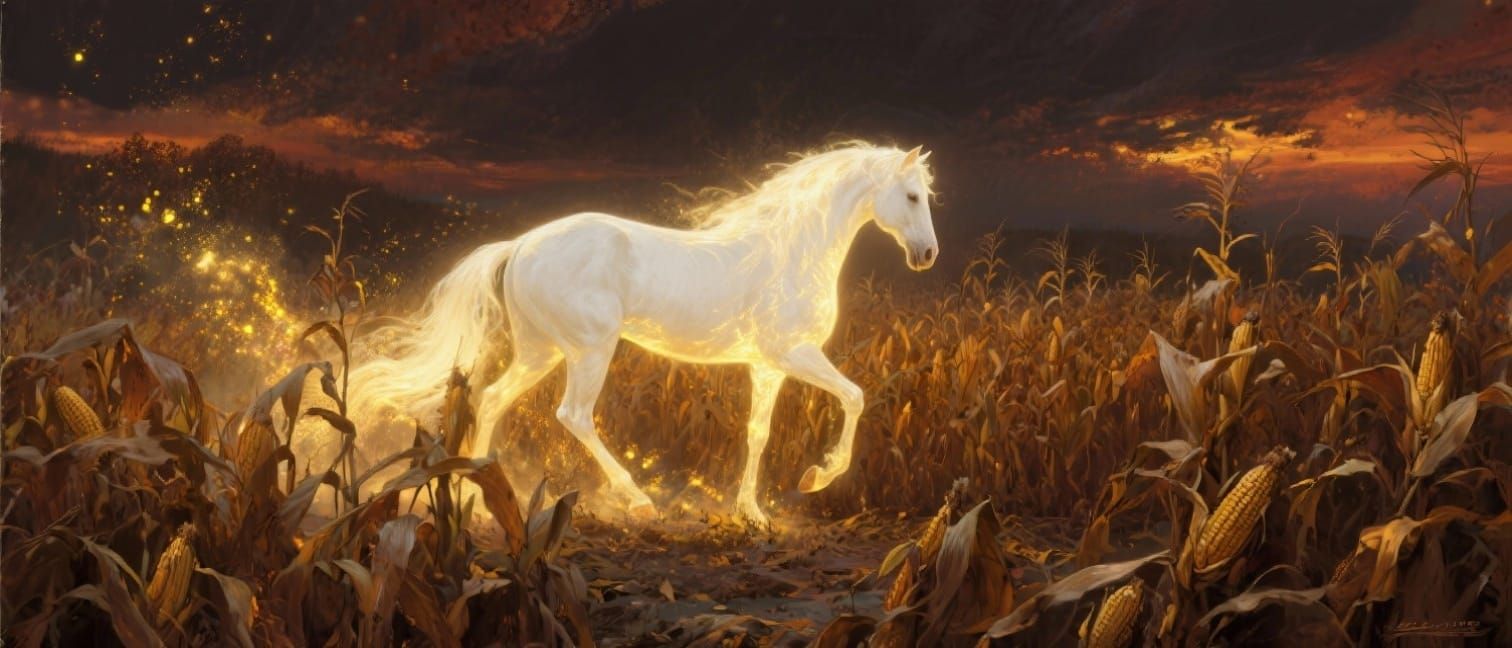 Luminous White Horse in Autumn Cornfield