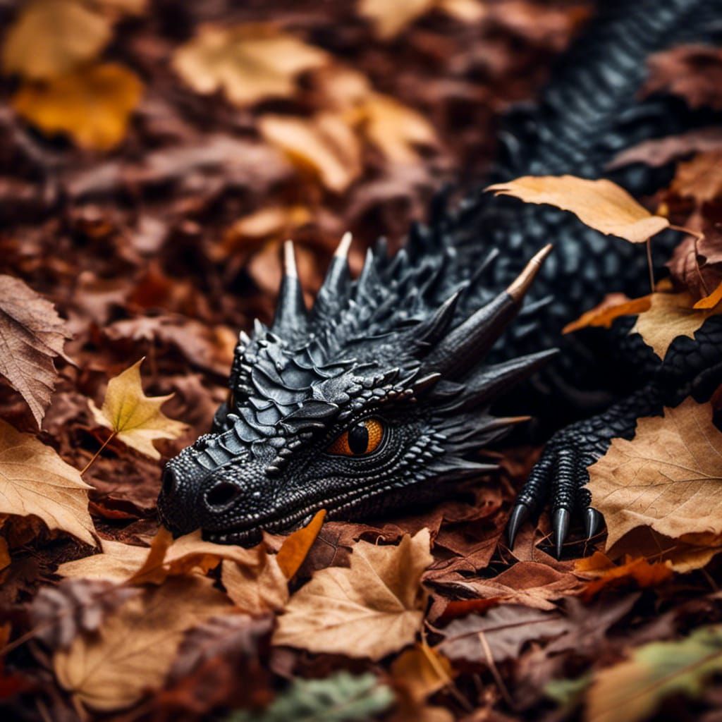 Baby Black Dragon Peeks Through Autumn Leaves