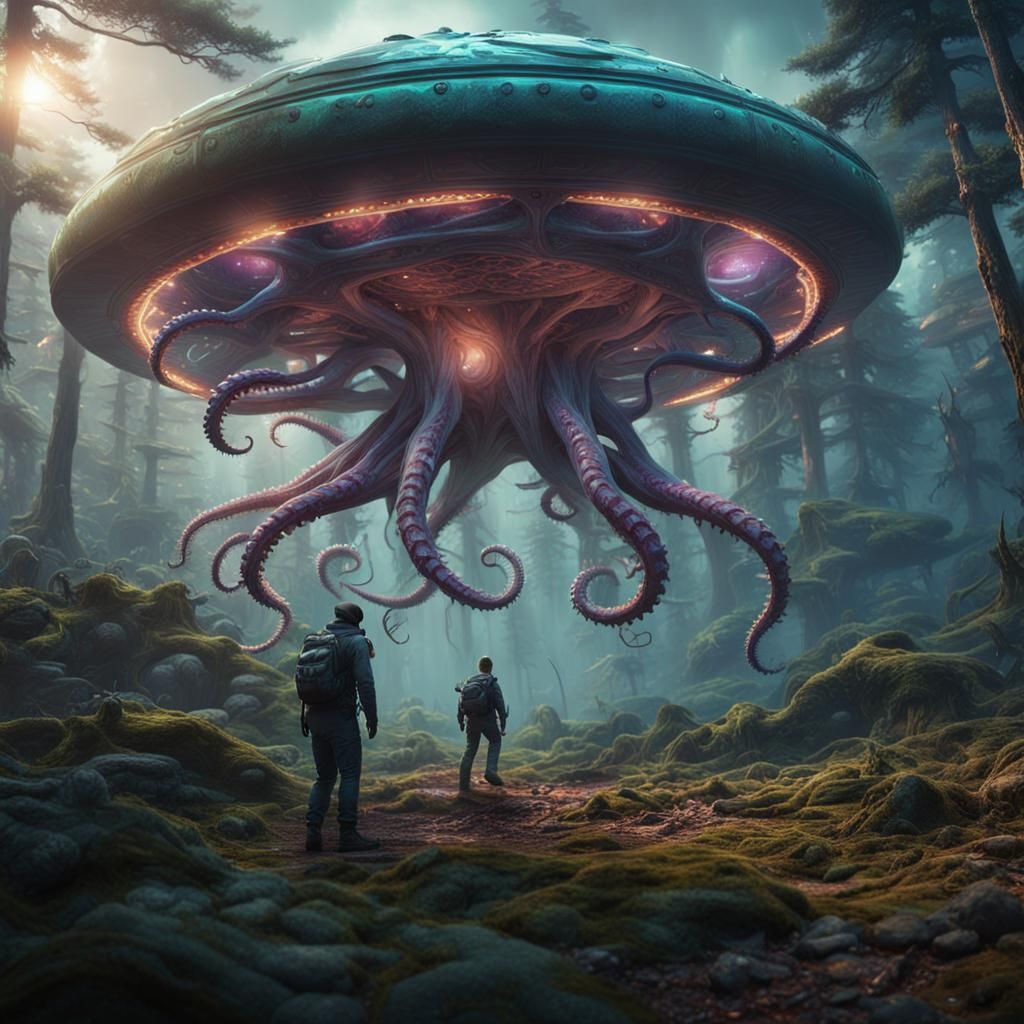 Tentacled Alien Rips Open UFO in Forest Battle