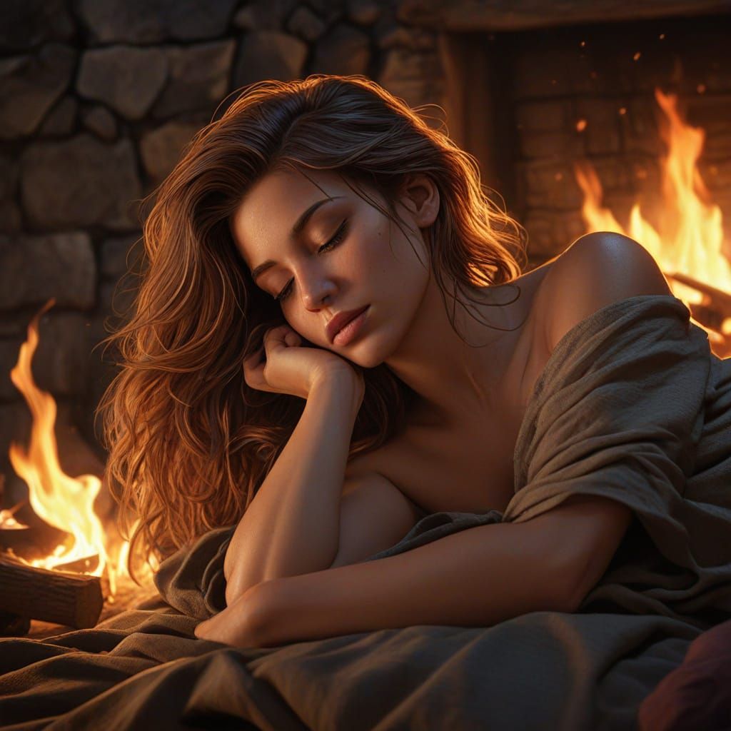 Muscular Woman Sleeps by Firelight, Realistic Fantasy Art