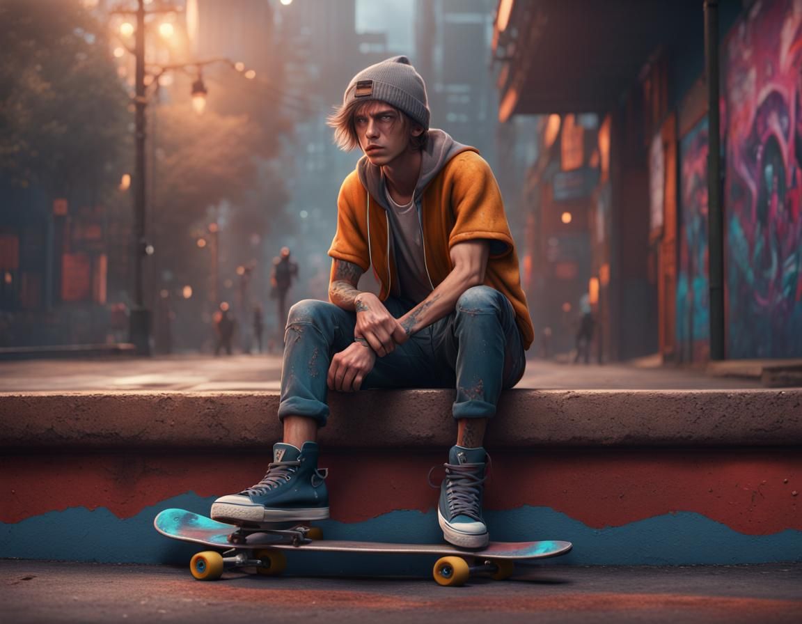 Depressed Skater in Detailed Matte Painting