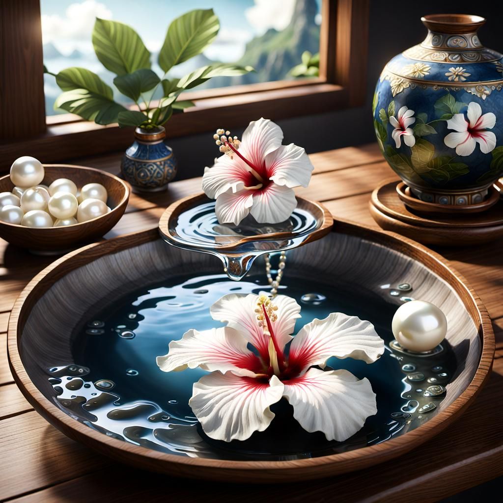 White Hibiscus Flower Still Life in Asian Style