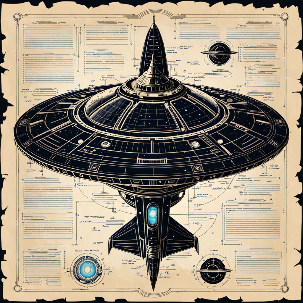Intergalactic Starship Blueprint in Grunge Style