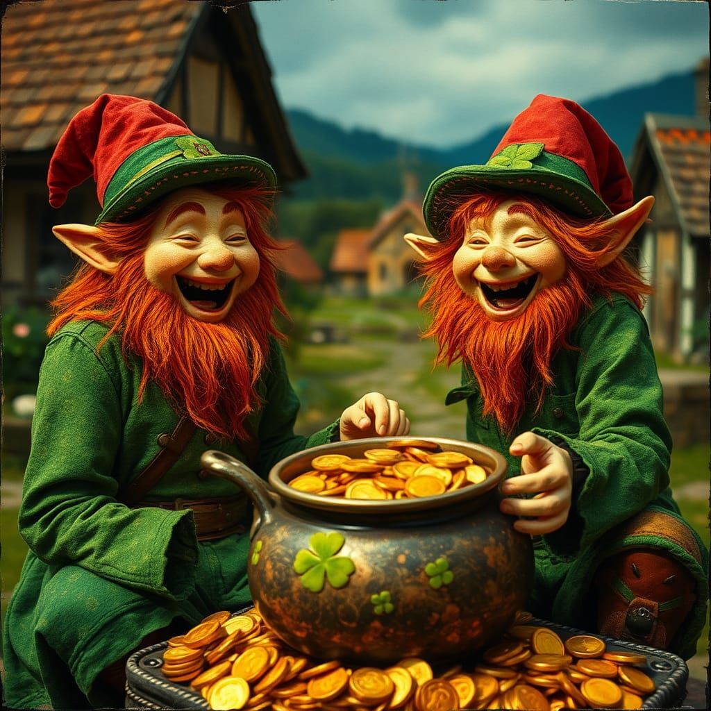 Laughing Leprechauns with Gold Coins, Impasto Painting