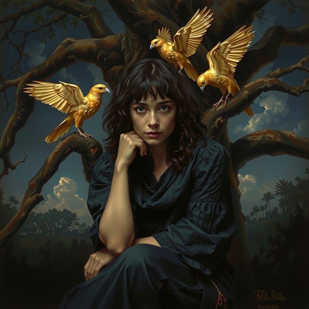 Melancholic Woman with Golden Spirit Birds Oil Painting