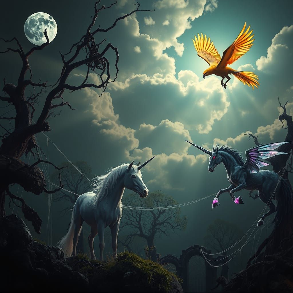 Three Magical Creatures in Haunting Fantasy Landscape