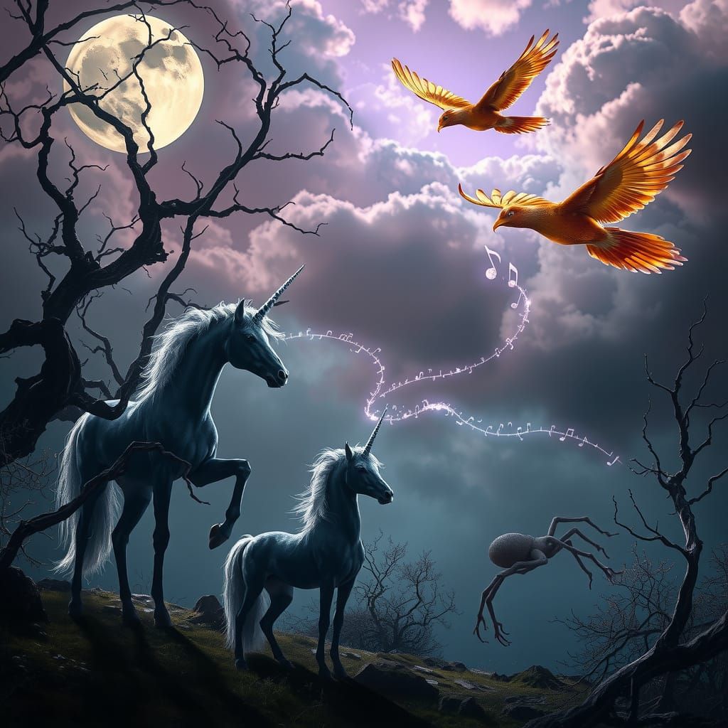 Magical Creatures in Technicolor Fantasy Landscape