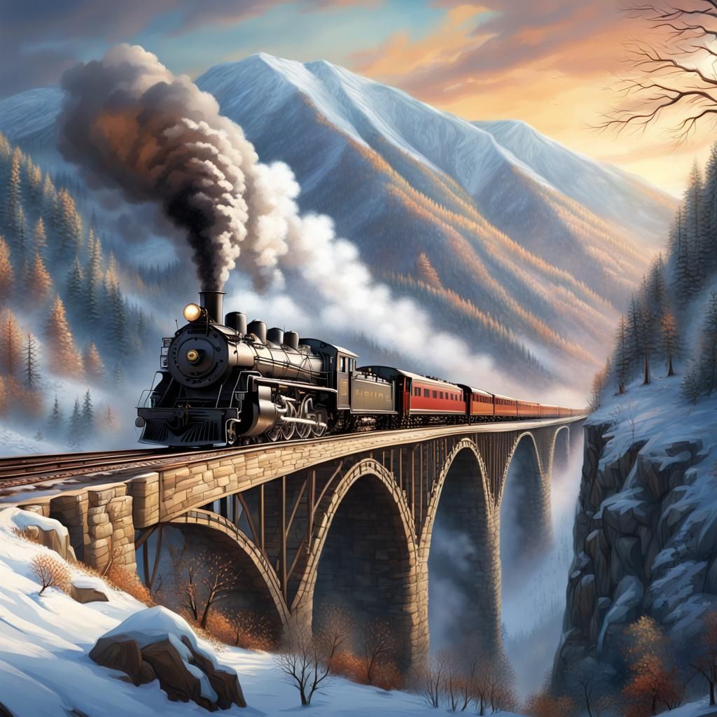 Hyperrealistic Steam Engine in Winter Mountain Pass