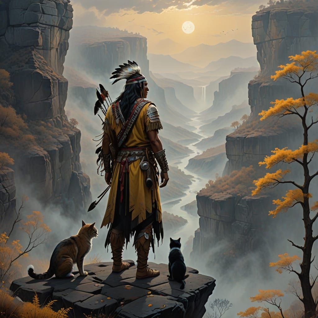 Native American Warrior with Spectral Cats in Misty Canyon