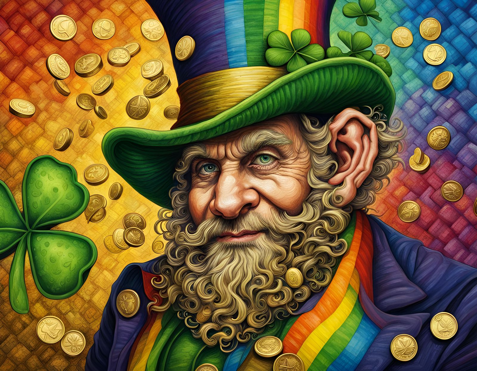 Detailed Leprechaun Portrait with Rainbow and Gold