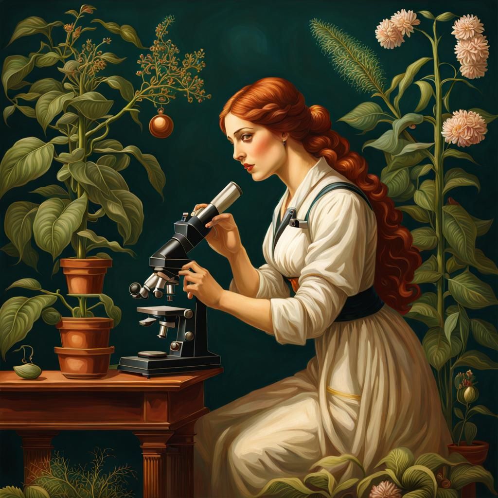 Romantic Scientist with Microscope in Pre-Raphaelite Style