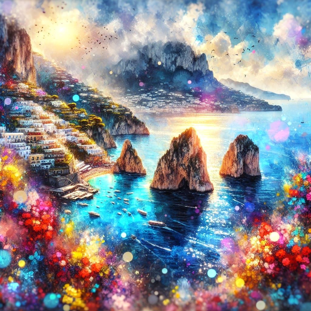 Capri Island in Vibrant Mixed Media Art