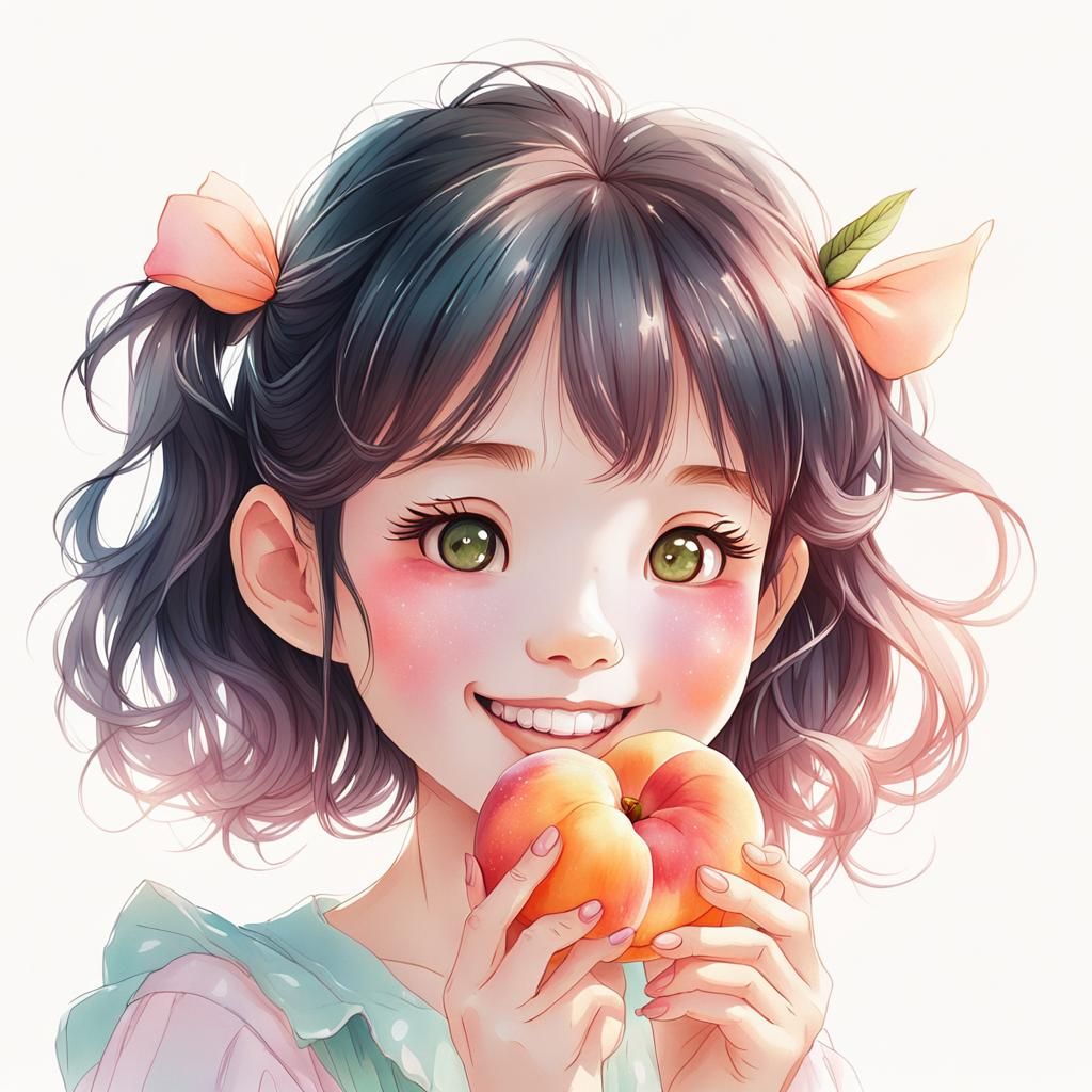 Cute Anime Girl Eating Peach in Pastel Colors