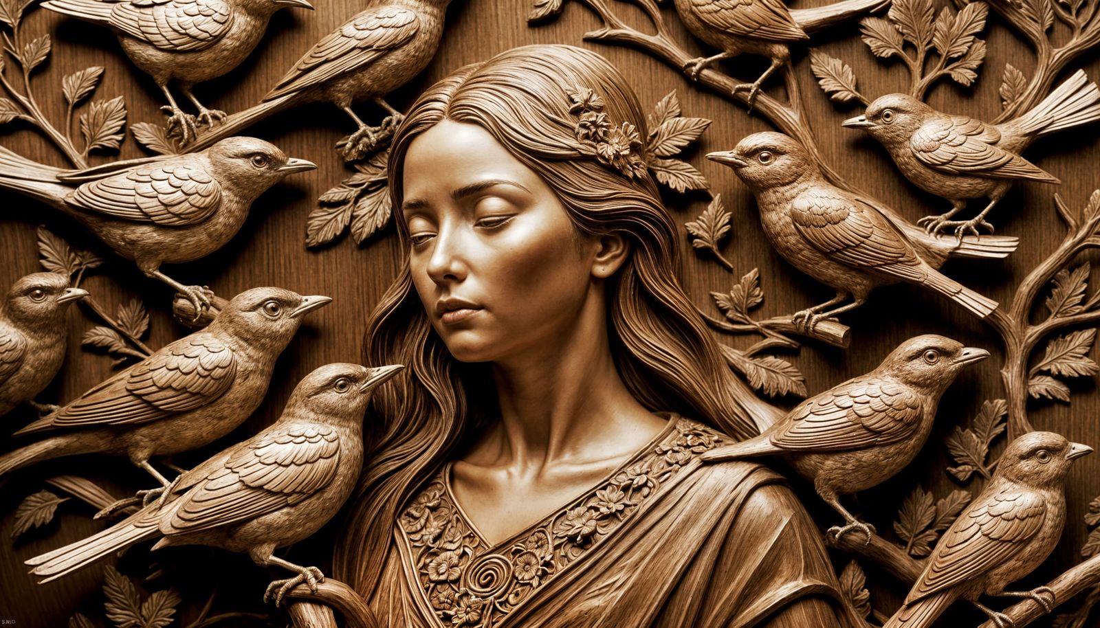 Detailed Sepia Wood Carving of Woman with Songbirds